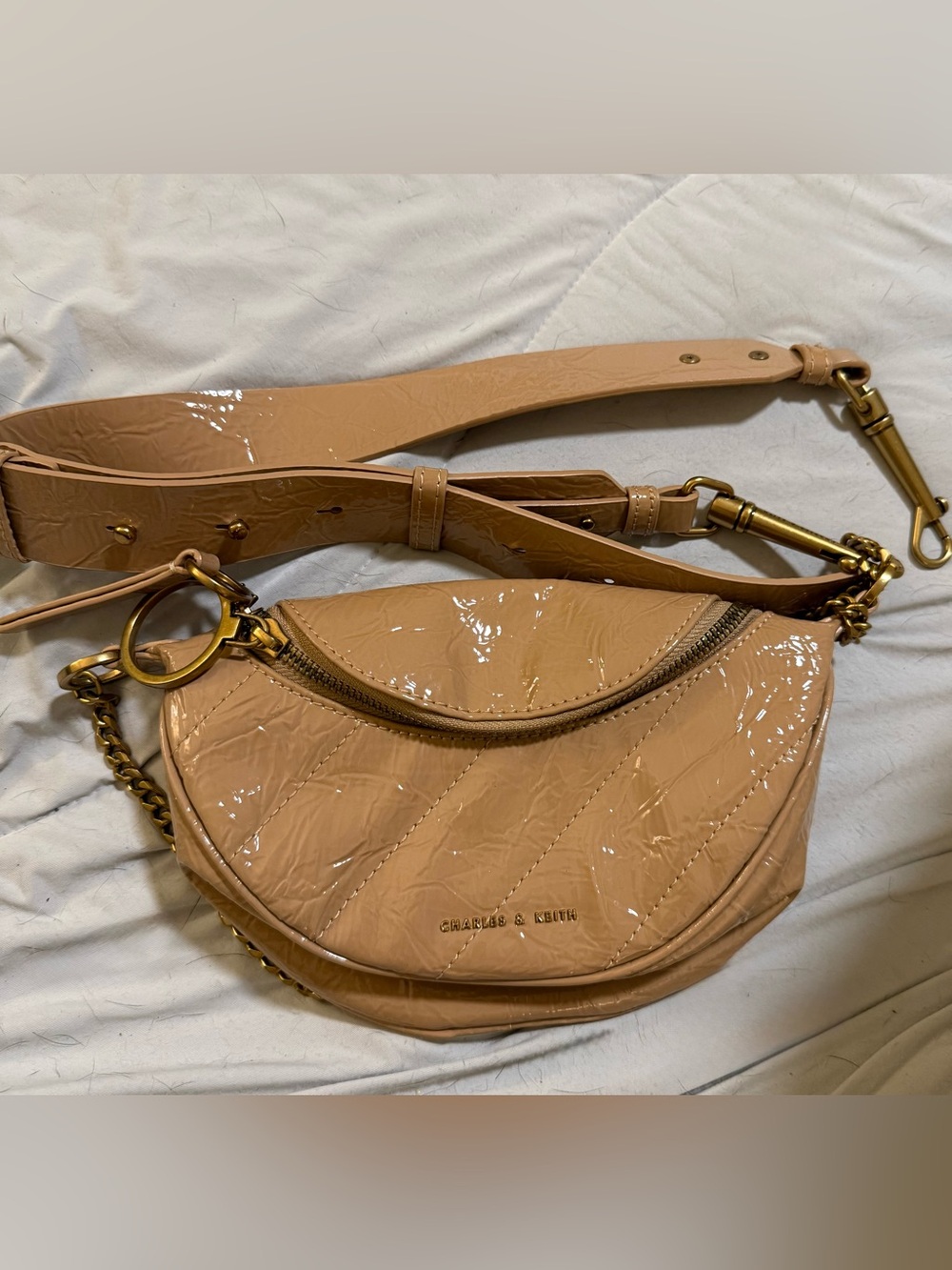 Charles & Keith Nude Patent Quilted Crossbody Bag